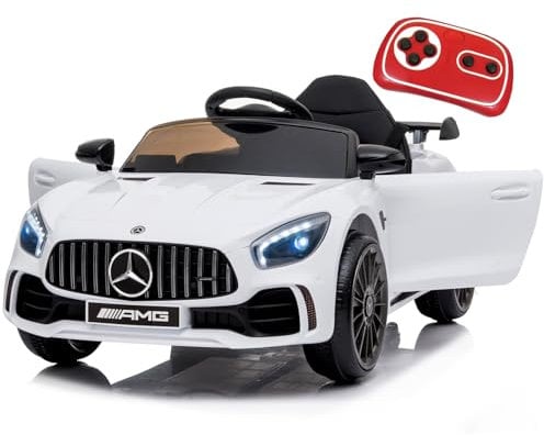 12V Kinder Elektroauto Mercedes Benz AMG,Elektrische Kinderfahrzeuge,Elektrofahrzeug 2-türig mit 2,4G-Fernbedienung,MP3,Musik,LED-Leuchten und 5 Punkt Sicherheitsgurt für Kinder ab 3 Jahre-weiß