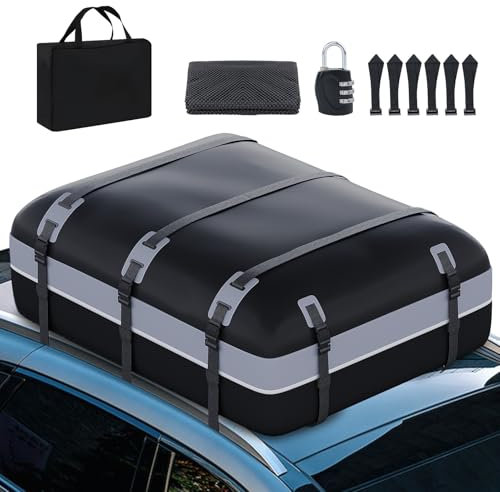 MIDIBIDIBK Auto Dachbox 21 Kubikfuß Faltbare WasserdichtDachbox Taschen mit Rutschfester Matte Aufbewahrungsbox Dachtasche mit/ohne Gepäckträger Dachbox für Autos, Vans, SUV 1000D(Grau/Schwarz)