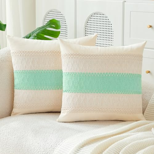 JELLYMONI Kissenbezüge Boho 40x40cm 2er Set Hellgrün Kissenhülle Gestreift Polyester Zierkissenbezüge mit Reißverschluss Dekokissen Sofakissenbezug Wurfkissenbezug für Sofa Wohnzimmer (KEIN Einsatz)