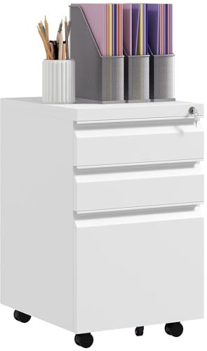 Vinsetto 3-Drawer Filing Cabinet with Lock, Mobile Steel File Cabinet for A4, Legal and Letter Size, Under Desk Drawers with Pre-Assembled Body for Home Office, 37 x 43.5 x 60 cm, White