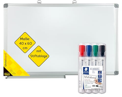 Idena 90882 - Whiteboard mit Stiftablage, ca. 60 x 40 cm, inkl. 4 STAEDTLER Whiteboard-Marker Lumocolor mit Rundspitze ca. 2 mm Linienbreite
