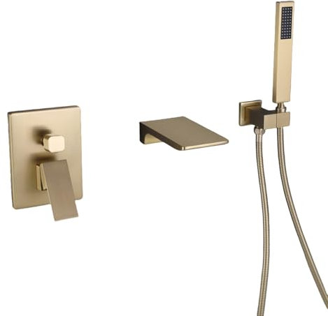 Mitigeur Baignoire Cascade avec Douchette Or Brossé Robinetterie Douche Encastrée Robinet Salle de Bain Cascade Baignoire