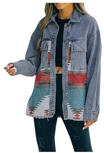 Generisch Women's Aztec Shacket Distressed Lapel Long Sleeve Button Down Denim Jacket Coat Denim Jacket with Sweatshirt Sleeves, orange, L