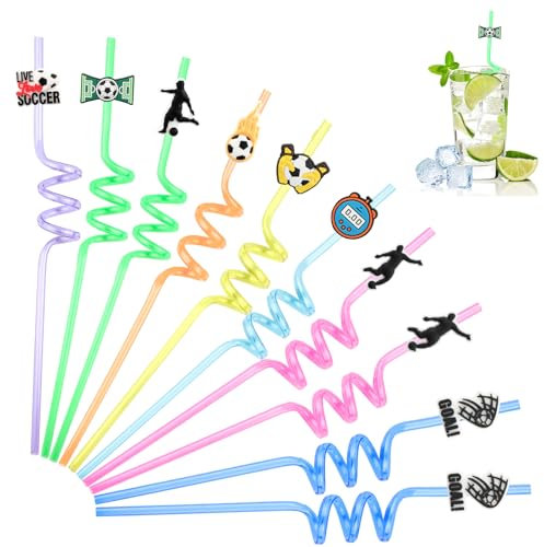 Lot de 10 pailles réutilisables pour enfants, pailles de football, pailles colorées en plastique, pour décoration de fête d'anniversaire d'enfant, motif football