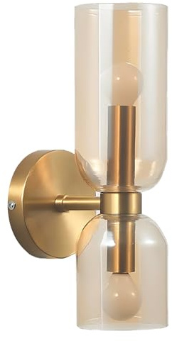 XIRYTU-H Moderne 2-Flammige Wandleuchte Gold, Elegante Glass Wandlampe, E14 Innenbeleuchtung für Schlafzimmer, Bad & Wohnzimmer (Bernstein)