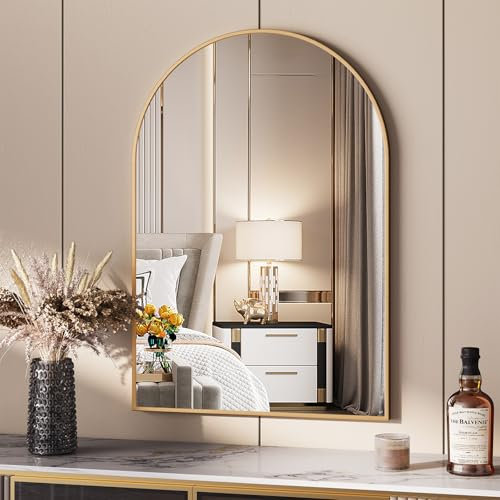 Clevich Wandspiegel 66x96cm, Badspiegel mit Aluminiumrahmen, Bogen Halbkreisförmig Schminkspiegel, Gehärtetes Glas, für Badezimmer Flur Wohnzimmer, Schlafzimmer, Gold