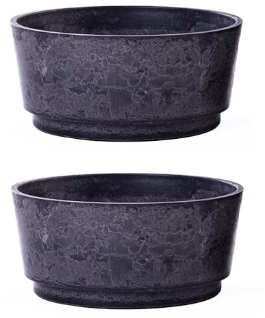 Caesar Marble Effect Charcoal Bowl Planter Durable UV Frost Resistant Lightweight Indoor Outdoor Pot with Realistic Marble Finish Recycled Plastic Garden Decoration (34.5cm Planter x2)
