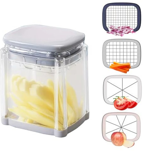 4 en 1 Coupe Frite Polyvalent avec Lame Inox, Coupe Légumes Manuel, Couper Rapide Frites, Boîte Hachage Alimentaire, Hachoir Aliments, Coupe Pomme Terre Multifonctions pour Frites, Fruits, Oignon
