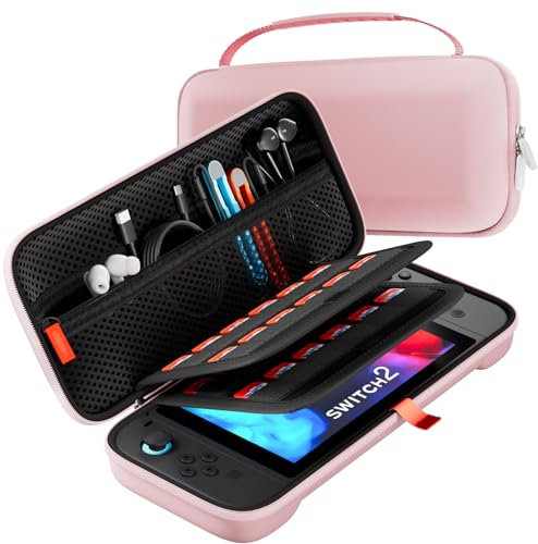 ProCase Étui Rigide Transport pour Nintendo Switch 2 avec 24 Emplacements pour Cartes de Jeu, Housse Coque Voyage de Protection pour Console Joy-Con et Accessoires –Rose