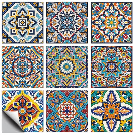 CHGCRAFT 36 Stück 9 Stil Wandaufkleber Buntes Relief Muster Abziehen und aufkleben Wandfliesen Aufkleber Portugiesische Geometrische Stil Textur Wasserdicht Selbstklebend, 4×4 Zoll