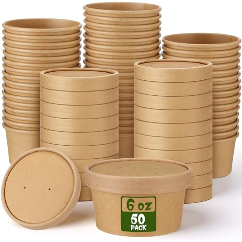 Fulmoon 50 Pack 6 oz Paper Soup Containers with Lids, Disposable Kraft Paper Soup Cups Ice Cream Bowls Food Storage with Lids, Microwavable and Freezer Safe (Brown)