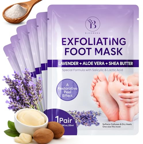 Maschera Piedi Esfoliante (6 Paia), Trattamento per Talloni Screpolati con Lavanda e Burro di Karité, Peeling Piedi Idratante per Uomo e Donna, Calzini Esfolianti Taglia Unica