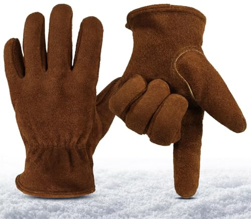OZERO Arbeitshandschuhe Winter Herren Leder, Gefütterte Rindsleder Handschuhe mit Warmem Plüschfutter, Robuste Thermohandschuhe für Forstarbeit und Bauwesen