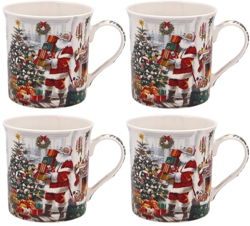 The Leonardo Collection Santa Mugs Set 4 for Hot Drinks | Reusable Fine China Coffee Cups for Kitchen & Home | Durable Printed Tea Mugs for Every Occasion | Long-Lasting Cup for All Types of Beverages