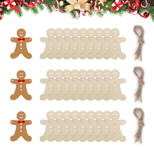 30PCS Natural Wood Slices Wooden Gingerbread Men Christmas Tree Decorations Blank Hanging Wooden Ornaments Christmas Decorations for DIY Crafts Xmas Crafting Supplies