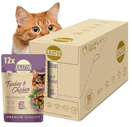 ARATON Katzen-Nassfutter, Pute und Huhn, 93% tierisches Protein, 12 x 85 g | Gesundes Gewicht & Unterstützung der Harnwege, Fleischstückchen in Sauce, mit Kräutern, Taurin & Vitamine, 12 Beutel