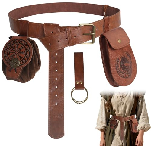 RICKMASK Mittelalter Gürtel Set, 4 Stück Mittelalters Gürtel mit Lendenbeutel, Mittelalter-Kleidung Zubehör für Zauberer, Hexe Kostüm, Renaissancefeste & Rollenspiele