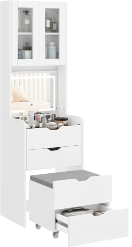 HOMCOM Postazione Trucco Luci LED 3 Colori, Specchio a Ribalta, Bianco
