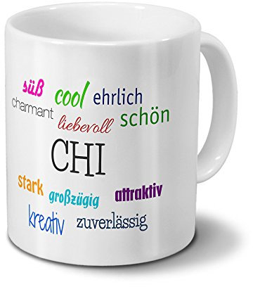 printplanet Tasse mit Namen Chi - Motiv Positive Eigenschaften - Namenstasse, Kaffeebecher, Mug, Becher, Kaffeetasse - Farbe Weiß