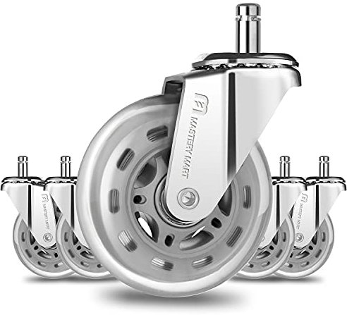 Mastery Mart Office Chair Wheels Replacement 11x22mm, Rollerblade Style Office Chair Castors for Hardwood Floors, Ultra Heavy Duty, Quiet Smooth (Not for 1KEA Chair, Set of 5, Silver)