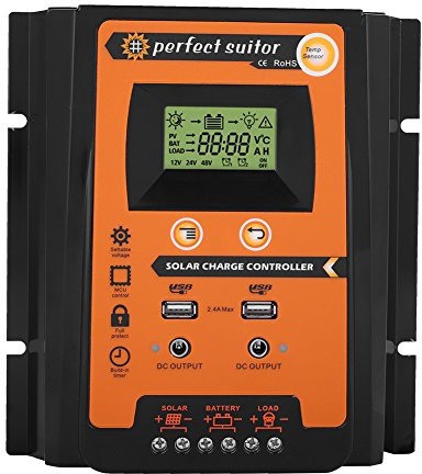 KIMISS Premium 12V/24V 30A 50A MPPT Solar Charge Controller Solar Panel Battery Regulator Dual USB LCD Display (50A) Black + Orange