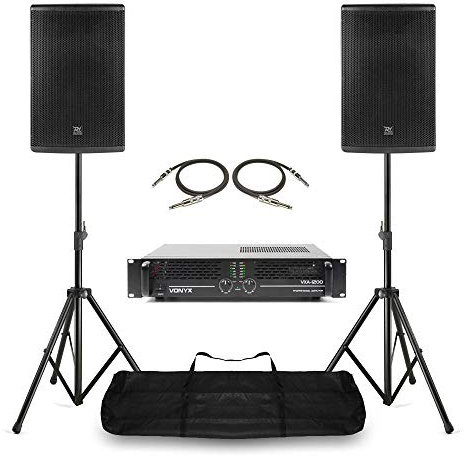 Power Dynamics PD PD410P 10 Passive PA Speaker System Bundle with Pair of Speakers, VXA-1200 Amplifier, Adjustable Stands and Audio Cables - DJ, Disco & Stage Performances 400W RMS