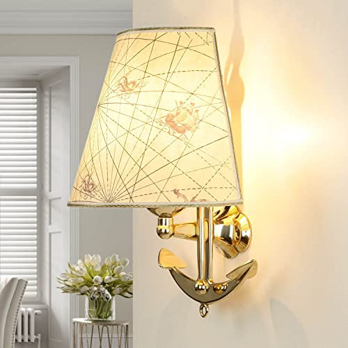 Nautische Wandleuchte Innen aus Echt-Messing massiv Schirm Landkarte & Anker H:33cm D:32cm E27 maritim für Schlafzimmer Flur Wohnzimmer Wandlampe