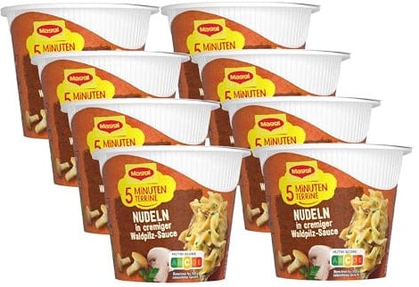 MAGGI 5 Minuten Terrine Nudeln in Waldpilzrahmsauce, leckeres Fertiggericht, Instant-Nudeln, mit Pilzen, 8er Pack (8 x 56g)
