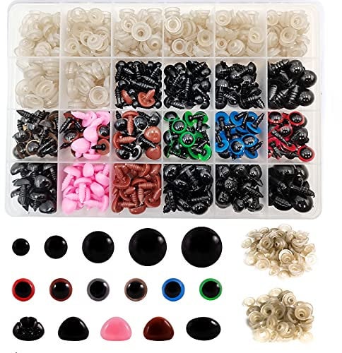 600PCS Bunte Sicherheitsaugen und Sicherheitsnasen mit Unterlegscheiben, verschiedenen Größen Kunststoffpuppenaugen und Teddybärnase für Amigurumi Doll Plüsch Tier Teddybärherstellung (Ø 6 ~ 14mm)