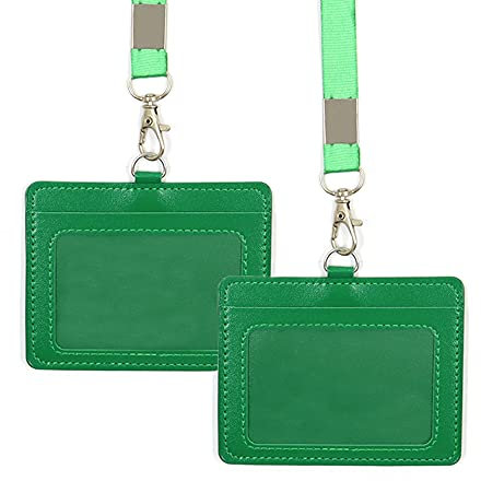 2 porte-badge double face en cuir synthétique de 10,4 x 8,4 cm avec cordon tour de cou - Porte-badge horizontal en cuir véritable pour l'école, le bureau (Green)