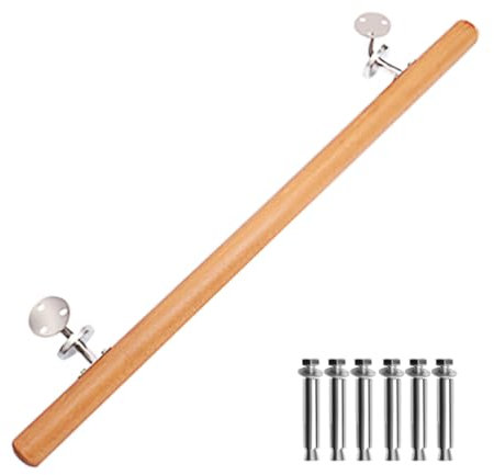 INMOZATA Handrails for Stairs, 100CM/3.4FT Wooden Stair Banister Rail, Classic & Safety Indoor Wall Mounted Exterior Stairs Handrail for Elderly Kids Non-Slip Staircase Banister Spindle with Fittings
