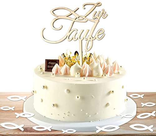 Taufe Cake Topper,45 Pcs Holz Fische Streudeko+1pcs Zur Taufe Cake Topper,Holz Cake Topper taufe,Holz torten topper taufe,Zur Kommunion Kuchenaufstecker,Dekoration für Kommunion Taufe Konfirmation
