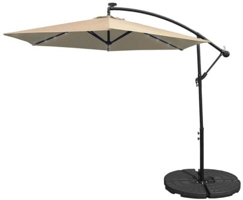 LED Cantilever Parasol 3m Beige Banana Hanging Umbrella Garden Sun Shade Canopy Patio 360 Rotation Tilt UV Protection Winding Crank 24 Solar Powered Cool White Lights FREE Waterproof Rain Cover & Base