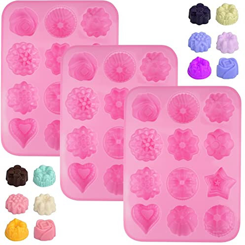 Stampi in Silicone per Dolci Antiaderente per Alimenti,3 pezzi 12 Motivi Floreal Stampo Torta Stampini Silicone Stampo Mini per Cioccolato, Caramelle, Gelatina, Cubetti di Ghiaccio, Muffin,Sapone