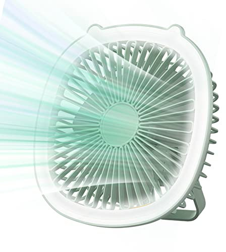 KISUFU USB Desk Fan with Light and Hanging Hook, 1200mAh 6 Inch Rechargeable Portable Ultra-Quiet Mini Fan, 360° Up and Down, Three-Speed Wind,Suitable for Office,Family,Outdoor Camping (Green)