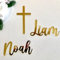 Personalisiert 2 Namen und Kreuz Tortendeko für Taufe, Geburt Kuchen Topper, Kommunion Kuchen Charm Schreibschrift, Tortenaufsatz Baby Taufe, Junge, Mädchen, Kommunion oder Konfirmation (Design 2)