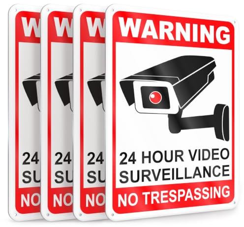 4-Pack 24 Hour Video Surveillance Sign - 10x7 Aluminum No Trespassing Signs