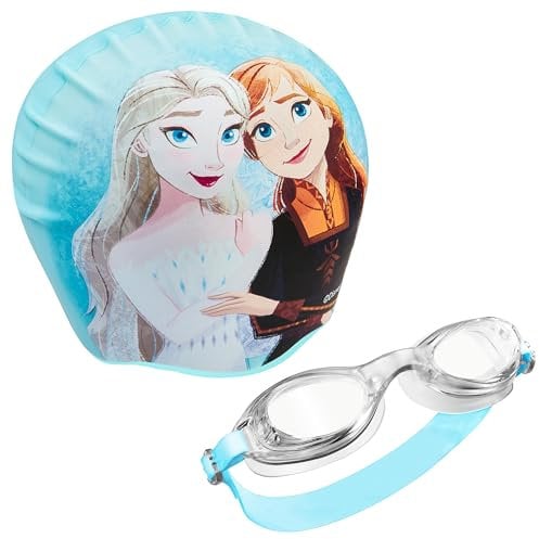 Disney Set de Gafas Buceo y Gorro Piscina Niña con Protección Antiempañante y UV (Azul Frozen, 6-14 Años)