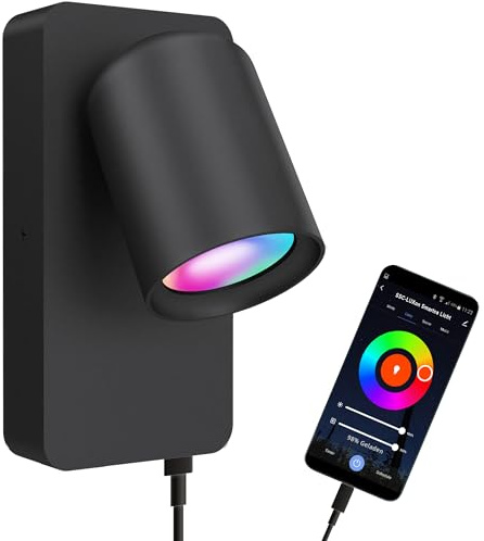 SSC-LUXon NERU Wandleuchte schwarz scandi Smart LED USB WLAN RGB App | Leselampe fürs Schlafzimmer - per App & Sprache steuerbar, mit USB-Port & drehbarem Kopf, RGB-Farblicht, ohne Bridge