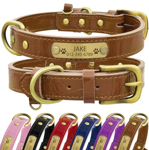 Senristar Personalisierte Hundehalsband aus Echtem Leder mit Eingraviertem Namensschild - Langlebiges und Stilvolles Hundehalsband für Kleine, Mittlere und Große Hunde (M, Braun)