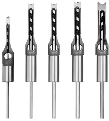 Square Hole Drill Bit Set, 5pc Woodworking Mortising Chisel Hole Saw Drill Bit Set 6.4mm / 8.5mm / 9.5mm / 12.7mm / 14mm