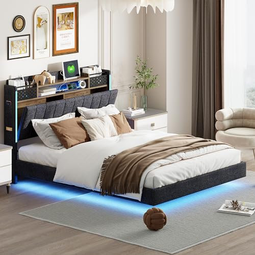 FEZTOY Polsterbett 140 x 200 cm, Bett Schwebebettrahmen mit LED-Leuchten, USB Anschlüsse und Stauraum Kopfteil, Doppelbett, Gästebett Jugendbett, Leinenstoff, Ohne Matratze (Grau, 140x200)