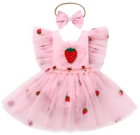 FYMNSI Strawberry Dress for Baby Girls 1st First Birthday Cake Smash Outfits Boho Tutu Tulle Princess Berry One Year Old Party Dresses Newborn Photo Shooting Props Summer Sunsuit Clothes Pink 12-18M