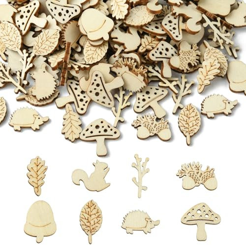 Airssory 200 Stück gemischte Stile Wald Eichhörnchen Thema unlackierte Holzausschnitte Tannenzapfen Blatt Igel Pilz Holzscheiben für DIY Druck Zeichnung Kunst Handwerk