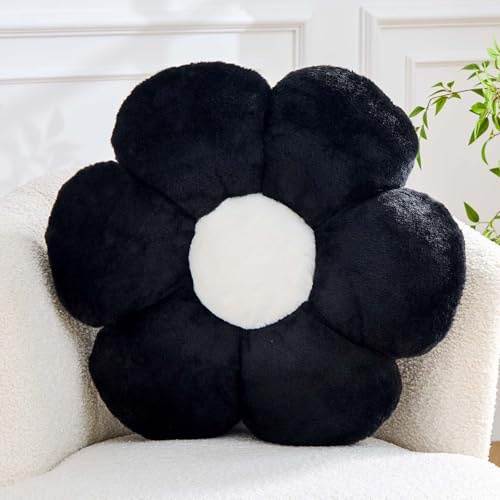 Kcvvcr Schwarzes Blumenkissen, niedliches dekoratives Blumenförmiges Dekokissen mit Kaninchenfell, 37,8 cm, weiches Plüsch-Dekokissen, Bodenkissen, Raumdekoration für Schlafzimmer, Wohnzimmer