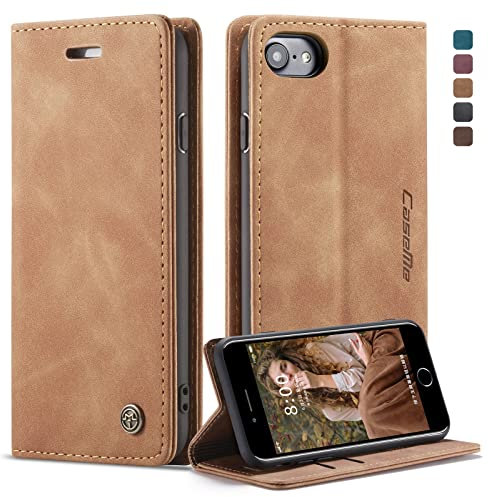 owlhold Handyhülle für iPhone SE 2022/SE 2020/iPhone 8/7 Hülle, Premium Lederhülle Weiches Vintage-Nubukleder Faltbare Ständer Klapphülle Kartenfach Standfunktion stoßfest Schutzhülle -Braun