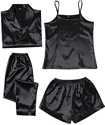 Satin Pyjama Damen Kurz 4 Teiliges Kurzarm Schlafanzug Nachtwäsche Cami Und Shorts Set Frauen Silk Pjs Sets Hemd Und Shorts Lange Hose Kuschel Pijamas Set Elegant Damenschlafanzug Hausanzug Loungewear