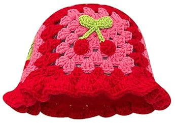 Japanische Vintage Hohlblumen handgemachte gestrickte Topfmütze Damen und Winter süß alle Wollmütze Gesicht Zeigen Weißer Fischerhut (Red, M)