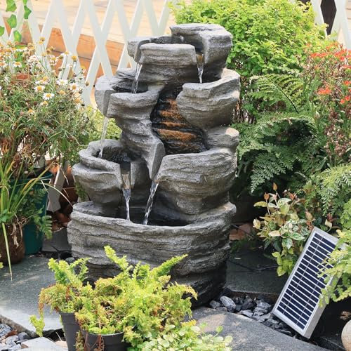 Solargetriebener 6-stufiger Kaskadenbrunnen mit LED-Beleuchtung, inkl. Pumpe & Solarpanel | 62 cm hoch, Steingrau für Terrasse, Balkon, Vorgarten | Natursteinoptik-Wasserfall, Außendeko