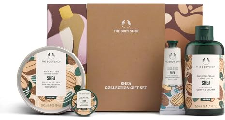 The Body Shop Shea Collection Geschenkset (Duschcreme 250 ml + Körperbutter 200 ml + Lippenbutter 10 ml + Handbalsam 30 ml), pflegende Sheabutter-Kollektion für weiche, glatte Haut, vegan